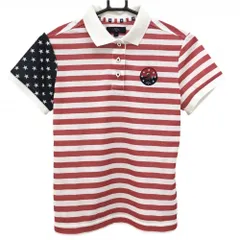 【超美品】キャロウェイ 半袖ポロシャツ レッド×白 ボーダー 袖星柄 ベア レディース M ゴルフウェア Callaway