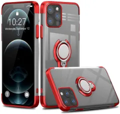 iPhone 13 pro リング付ケース 赤 透明 高質TPU スダント 人気