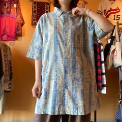 総柄　ブルー　柄シャツ　半袖シャツ　アロハシャツ