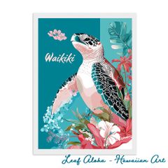 ハワイの海アート A4額付き｜Waikikiの守り神と南国の風景 No.02 Leaf Aloha