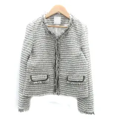 エージーバイアクアガール AG by aquagirl ノーカラージャケット ミドル丈 ツイード フリンジ L オフホワイト 黒 ブラック /HO37