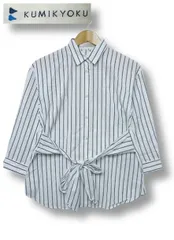 【送料無料】【極美品】組曲 KUMIKYOKU オンワード樫 七分袖 シャツ ブラウス ウエストリボン ストライプ 白 Mサイズ2 ■管理番号L28740SSA25-250421-10-3（198）