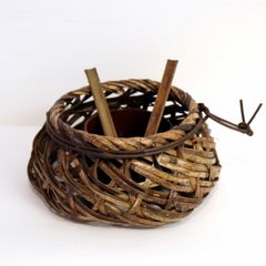 高級】虎竹 やたら編み 花かご ハンドル付き 竹細工 筒付き 花器 華道