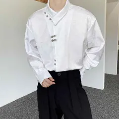 種類8：L/B：白 秋冬 コーデ メンズ  服 シンプル ファッション オシャレ 大人 かっこいい 大きいサイズ ストリート 紳士服  サテン ダーク スタンドカラー レトロ メタル バックル ディスク ボタン 長袖 シャツ