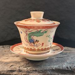 米色 敦煌飛天図 蓋碗 単品 高級陶器製 回転蓋付き 防火傷仕様 三才蓋碗 功夫茶器