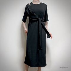 アシメ アシンメトリー ワンピース 個性的 重ね着 黒 変形 半袖 五分袖5分袖