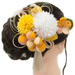 髪飾り 成人式 つまみ細工 赤 振袖 前撮り 袴 浴衣 夏祭り 花火大会 2点セット 黄色 白 玉飾り ちりめん 房付き ヘアアクセ 洋 No.9-4166