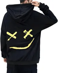 Four leaf 薄手で裏起毛 パーカー メンズ プルオーバー バイカラー 秋 冬 春 秋冬 スマイル 長袖 フード付き トレーナー プリント カジュアル アシンメトリー スウェット 軽量(ブラック,  M)