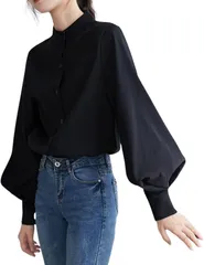 Four leaf 立ち襟 ブラウス レディース バルーン袖 長袖 シャツ トップス 無地 シンプル きれいめ 体型カバー オフィス カジュアル 通勤 フォーマル 大人 可愛い おしゃれ 着回し 洗える(ブラック,  M)