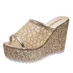 [ALVEIN] サンダル 厚底 シースルー ミュール ウェッジソール ラメ レディース ヒール グリッター キャバサンダル パーティ 歩きやすい 透け感 (ゴールド, 23.0 cm) [ゴールド] [23.0 cm]