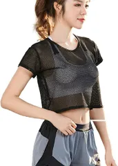 FARFADET メッシュ シャツ 半袖 ヨガ ダンス フィットネス ウェア 無地 クルー ネック レディース トップス トレーニング ウエア( ブラック,  L)