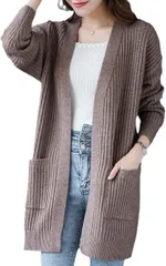 Elixio エリクシオ カーディガン ロングカーディガン ニット あったか 羽織り レディース トップス モコモコ 厚手 Vネック 秋冬 ミドル丈 リブ編み 体型カバー(ブラウン,  2XL)