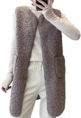 [エンプティオ] アッタカ フワフワ モコモコ ルームウェア 前開き セミロング ファー ベスト 羽織り レディース ボアベスト カーディガン オフィス カーデ コーディガン カーデガン 毛玉 ニット 綺麗 アッタカイ カワイイ [グレーベージュ] [2XL]