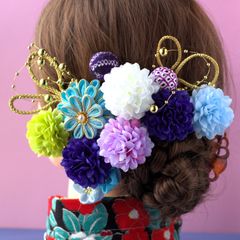 ❁金縁つまみ細工ポンポンマム和装髪飾りセット ❁和装・着物・袴・浴衣・卒園式・卒業式・七五三・成人式・和装髪飾り・夏祭り・ちりめんボール・記念日・行事・造花・髪飾り・ハンドメイド・ヘアアクセサリー