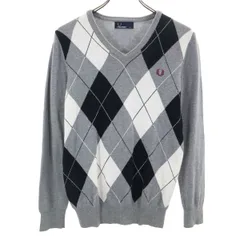 FRED PERRY フレッドペリー アーガイル柄 長袖 Vネック ニット XS グレー セーター レディース 古着