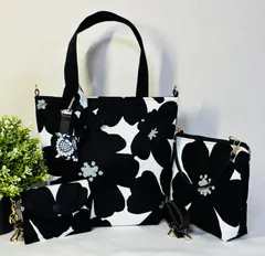 【裁縫ストア・ボヌール】大人かわいい　北欧風　大花柄　ツイルアネモネガーデン柄　ブラック／ ホワイト　トートバック　大きめポーチ/サコッシュ　ミニポーチ　ショルダーバッグ　ハンドメイド　ショルダーストラップ付き　ハンドバッグ　ゴージャス  / №500-487