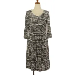 ミッシェルクラン MICHEL KLEIN ワンピース フレア ドット 七分袖 38 グレー 黒 ブラック