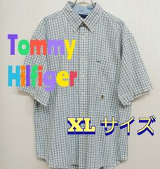 Tommy Hilfiger　トミーヒルフィガー　白(水色と黒色のチェック)　チェック半袖シャツ　XL　コットン100％　古着