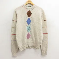 M/古着 長袖 セーター メンズ 90s アーガイル シェットランドウール クルーネック ベージュ他 カーキ 24oct05 中古 ニット トップス