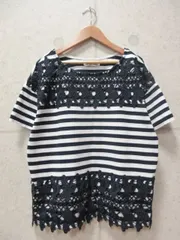 Bou Jeloud ブージュルード Tシャツ カットソー 半袖 ボーダー 切替 レース 刺繍 花 ネイビー サイズFのサムネイル