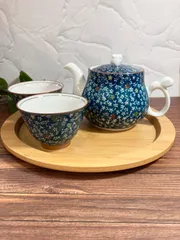 【新品・未使用品】ティーポット＆湯呑2個セット　波佐見焼　やへい窯　華の里ポット　青　小花柄　花柄　うさぎ　来客用　おもてなし　ティーポット　ポット　急須　お茶