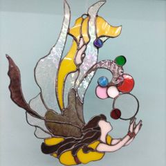 ステンドグラス　シャボン玉&人魚の壁掛け　妖精天使オーナメント海マーメイド