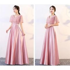 パーティードレス ブライズメイド Vネック ピアノ 発表会 二次会 花嫁 結婚式 ピンク 合唱団 コーラス レース 体型カバー ドレス ワンピース ロングドレス 謝恩会 かわいい 2XLサイズ イベント da513c0
