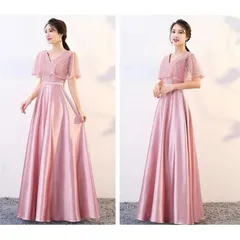 パーティードレス ブライズメイド Vネック ピアノ 発表会 二次会 花嫁 結婚式 ピンク 合唱団 コーラス レース 体型カバー ドレス ワンピース ロングドレス 謝恩会 かわいい 2XLサイズ イベント da513c0