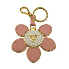【鑑定済み】正規品 プラダ PRADA キーリング キーホルダー フラワーモチーフ 花 サフィアノ ゴールド金具 ピンク ホワイト