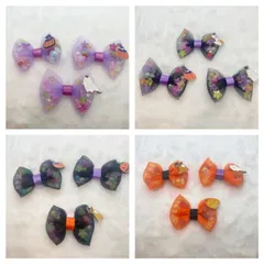 【即納・🎃チャームつき】ハロウィン透かしもみみリボン🎀　うさぎ　犬　猫　アクセサリー　ヘアゴム　ヘアピン　子供　髪飾り　耳飾り　ヘアクリップ　首輪　リード　ハーネス