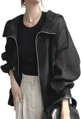 Lilly chocolate シアーパーカー レディース 春夏 薄手 アウター 透け感 羽織り フード付き UVカット 紫外線カット 冷房対策 軽量 無地 バルーン袖 ゆったり シンプル コンパクト収納 夏用(ブラック,  Free Size)