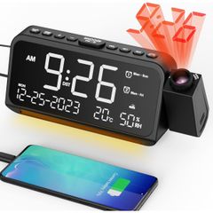 モダンミニマリストプロジェクションデジタルクロック - 大型ディスプレイ、USB電源（電池不要）、温度/湿度計測、アラーム機能、寝室/リビングルーム/オフィス用 - ブラックフレーム