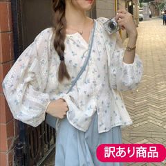 【訳あり品で超お買い得】シフォンシャツ レディース 長袖 トップス シャツ ラウンドネック 春 夏 花柄 花柄シャツ オシャレ 可愛い 小柄 スリム シャツブラウス カジュアル ボリューム袖 韓国ファッション 240607-03