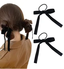 [Herbeluemily] ベロア リボン ヘアアクセ ヘアゴム ヘアアレンジ ヘアセット ベルベット 髪ゴム ヘアゴムタイプ ブラック 2個セット [ブラック 2個セット] [ヘアゴム タイプ]
