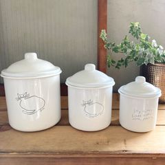 ホーローキャニスター3点セット 蓋付き 猫イラスト 小物入れ キッチン収納 北欧雑貨
