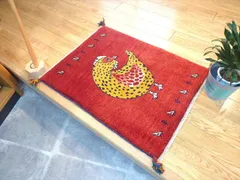 ペルシャ　ギャッベ　玄関マット　ラグ　88x68cm　茜色　にわとり　RJ12524