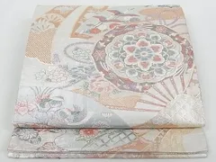SO-552 袋帯 六通 正絹 佐賀つづれ織 扇子 植物文様 銀糸 高級 逸品