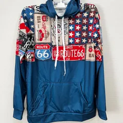 新品 パーカー フーディー プルオーバー ルート66 グラフィックプリント バイク メンズ Tシャツ メンズ フード付きスウェットシャツ 長袖 ロングスリーブ 両面プリント ヴィンテージ風 おしゃれ マルチカラー デザイン Lサイズ