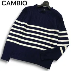 CAMBIO カンビオ 秋冬 ウール混★ ケーブル編み ボーダー セーター ニット Sz.S メンズ 紺 ネイビーのサムネイル