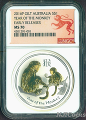 2016 Atralia GILDED Silver Lunar Year of the Monkey NGC MS 70 1oz Coin ER GILT