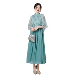 [TIGLOSS] パーティードレス 結婚式 フォーマル ロング ドレス レディース ワンピース パーティー Aライン 袖付き お呼ばれ セレモニー レース 大人 [アクアグリーン] [2XL]