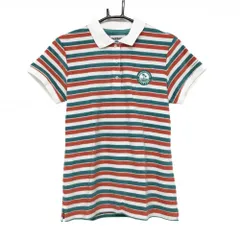 【美品】ジャックバニー 半袖ポロシャツ 白×オレンジ×ブルーグリーン ボーダー パイル地  レディース 2(L) ゴルフウェア Jack Bunny