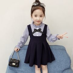 【新品】お洒落な韓国子供服　100   ワンピース　レイヤード風　重ね着風　ネイビー　ストライプ　リボン　フォーマル　卒園　入園　結婚式　七五三　春物　秋物