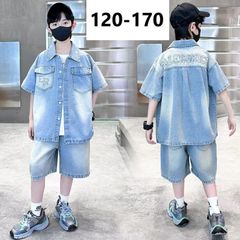 キッズ 子供服 セットアップ 上下セット デニム トップス+パンツ 2点セット 夏 子ども 夏セットアップ 男の子 デニムパンツ ゆったり 可愛い ジュニア 柔らかい こども 子ども 半袖 薄手 かわいい 大人っぽい おしゃれ KSGA021色120-170)