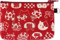 【特価商品】猫 にゃんこもん 和柄 ポケット付き カード IC 定期 パスケース 赤 入れ 小物 コスメ メイク ミニ 9.5×13cm ポーチ 化粧 日本製 京佑