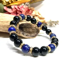 モリオン&ラピスラズリ パワーストーン ブレスレット 天然石ブレス (ゴールド) 10mm メンズ・レディース 厄除け 幸運 仕事運 学業運 お守り  ☆