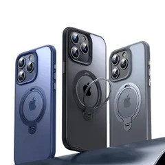 2024最新 ダブルリング iPhone 15 Pro Max ケース スタンドながらMagsafe対応 定点360度回転 フラット収納スタンド リング 縦置き対応 マット感 薄型 半透明 アイフォン 15 Pro max リングケース 米軍MIL規格 耐衝撃