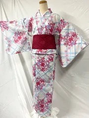 【新品未使用】　匿名配送　レディース　浴衣　花柄　格子柄　水色　ピンク　m1,m2