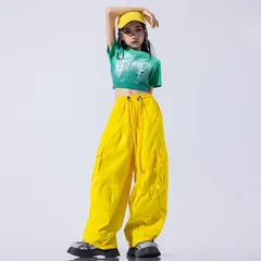 2点セット カーゴパンツ イエロー k-pop 衣装 キッズダンス衣装 セットアップ ヒップホップ tシャツ ロングパンツ 81697359