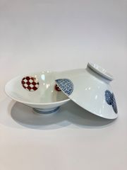 【新品・2個セット】平茶碗 夫婦茶碗 丸紋 φ14cm 高さ5cm 2個セット 赤青 食器 和食器 飯碗 ご飯茶碗 食べやすい 浅め 普段使い お揃い ペアセット 和モダン 日本製